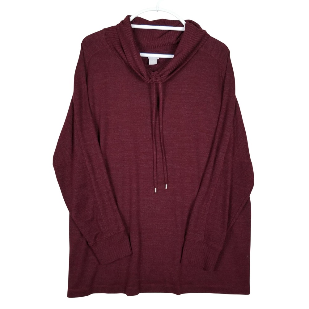 Chico's Zenergy Tunic Top Womens XL Burgundy Cowl Neck Drawstring Knit